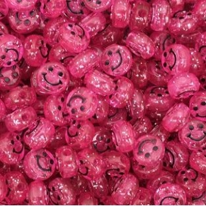 Acryl kralen smiley glitter pink 10mm, per 5 stuks