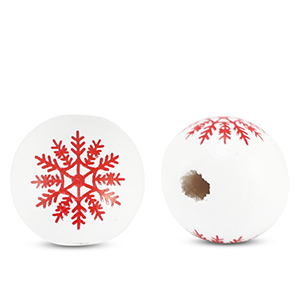 Houte kraal (16mm) sneeuwvlok wit-rood, per stuk