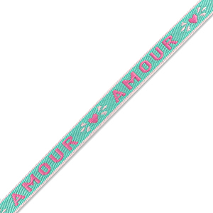 Ribbon with text AMOUR Turquoise and pink, per meter