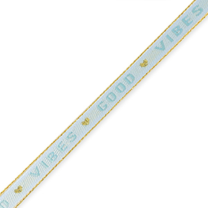Ribbon with text GOOD VIBES blue gold, per meter