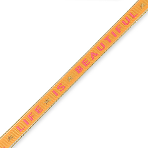 Lint met tekst LIFE IS BEAUTIFUL Sorbet Oranje en Roze, per meter