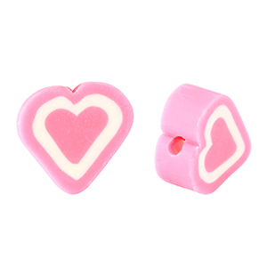 Polymer charm heart pink white 10mm, 5 pieces