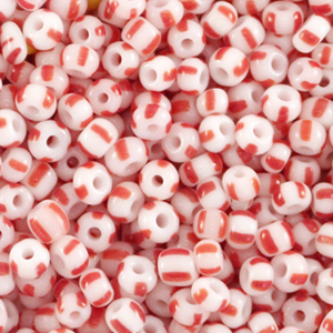 Glass seed beads 3mm stripes white red, 5 grams