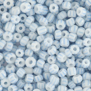 Glass seed beads 3mm stripes white blue, 5 grams